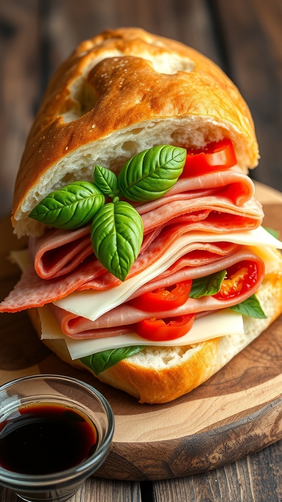 Italian Ciabatta Sandwich Recipe A ciabatta sandwich filled with salami, ham, provolone cheese, and roasted red peppers on a wooden board.